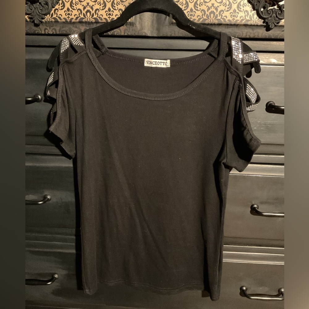 Black Criss Cross Rhinestone Shoulder Cut Out Top